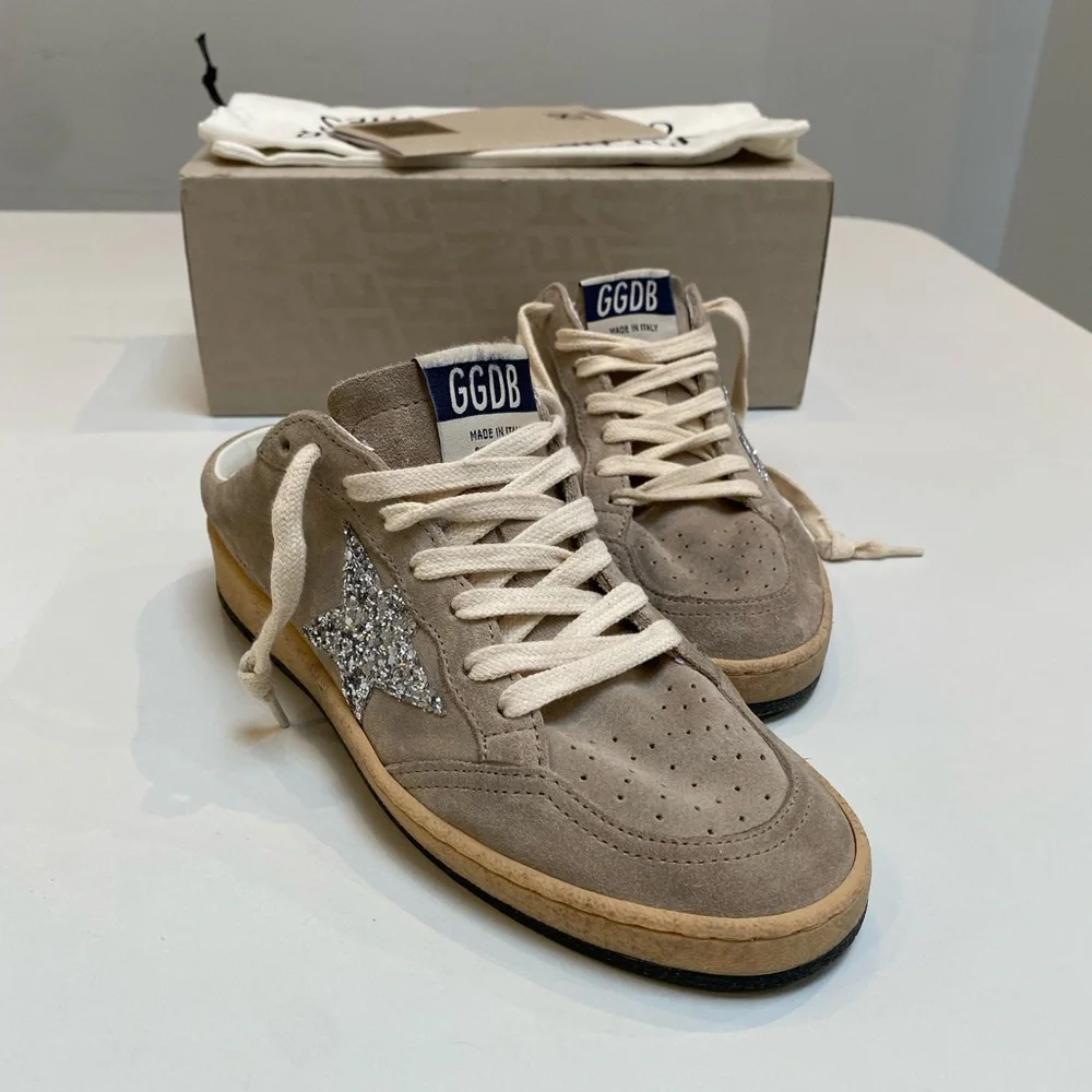 Golden Goose Ball Star Sabot Sneaker Taupe Suede/Silver Glitter sz 37 New in Box - Picture 10 of 11
